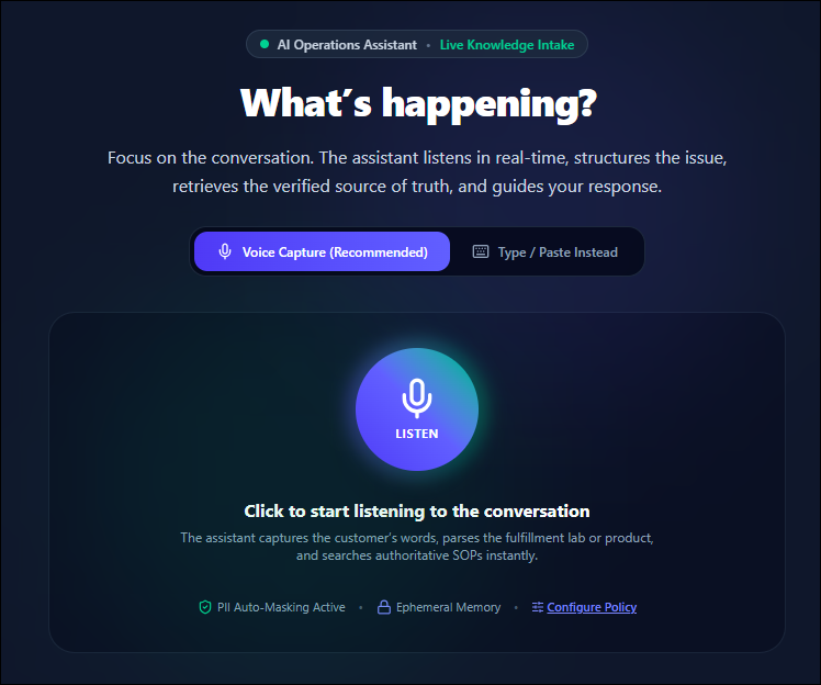 AI Knowledge Base Gap Analyzer voice intake interface